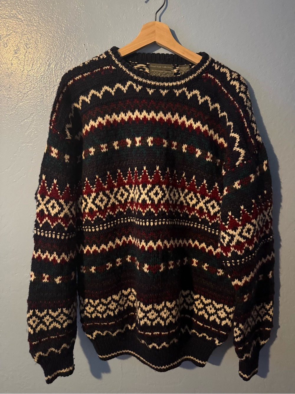 Classic Fair Isle Handknit 100% Wool Crewneck Sweater - Navy, Cream & Burgundy